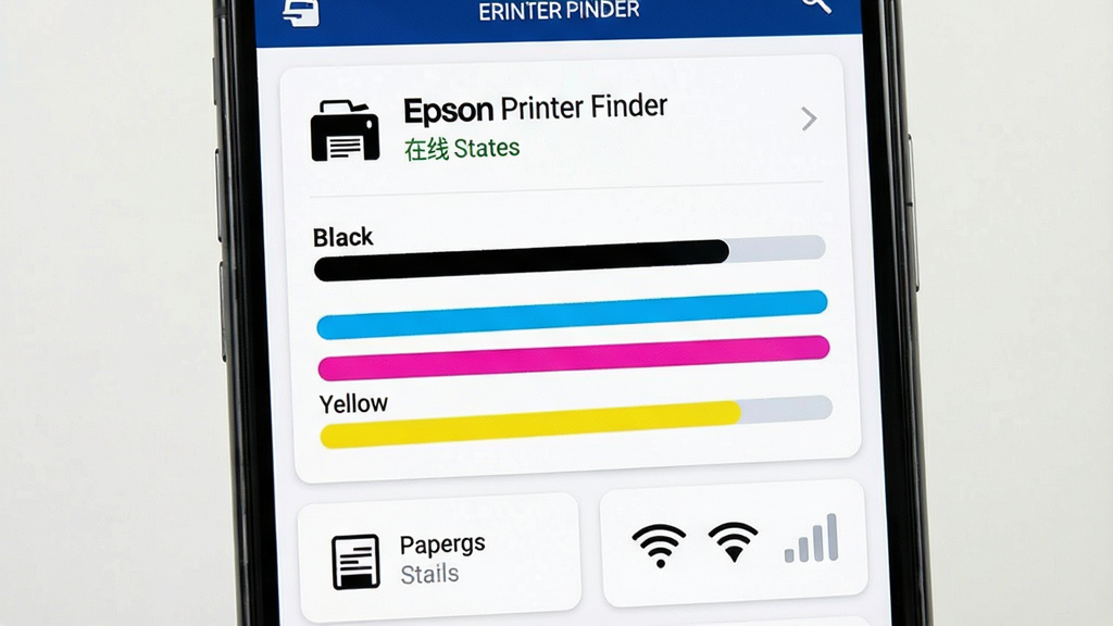 һ��չʾEpson Printer FinderӦ���ڴ�ӡ��״̬������Ľ���ͼ�������������ֻ���Ļ��д����Ļ�ϰ벿����ʾ��ӡ���ͺź�����״̬���м����ĸ���ɫīˮ���������ֱ��ע��ɫ����ɫ�����ɫ����ɫ���°벿����ֽ��״̬��WiFi�ź�ǿ��ͼ�꣬����Ϊ���½ṹ���������ˬ�Ŀ�Ƭʽ��ƣ�ϸ���Ͻ�������ɫ���������ֱ�ǩ�����ɶ������ʸɾ��޶���Ԫ�ء�
