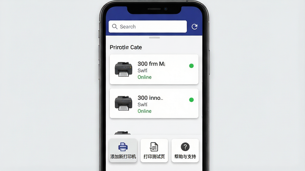 һ��չʾEpson Printer FinderӦ�������湦�ܲ��ֵ�ʾ��ͼ�������������ֻ���Ļ����Ļ��������������ˢ�°�ť���м��������ӵĴ�ӡ���豸��Ƭ��ʾ��ɫ����״̬���ײ����������ܰ�ť�ֱ��ע�������´�ӡ����������ӡ����ҳ������������֧�֡�������Ϊ��ֱ���У�����Ǽ�������UI��ƣ�ϸ���ϰ�ť������΢����ӰЧ��������Ϊǳ��ɫ�����ʸɾ��޶���Ԫ�ء�
