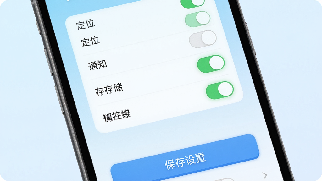 ���ҹ���App�������ý��棬�ֻ���Ļ��ʾȨ�޿����б���������λ��֪ͨ���洢��ѡ��Ա�����ɫ�Թ�ͼ�꣬�ײ��ǡ��������á���ť��������ǳ��ɫ���䣬�����ˬֱ�ۣ����ʸɾ�������Ԫ��