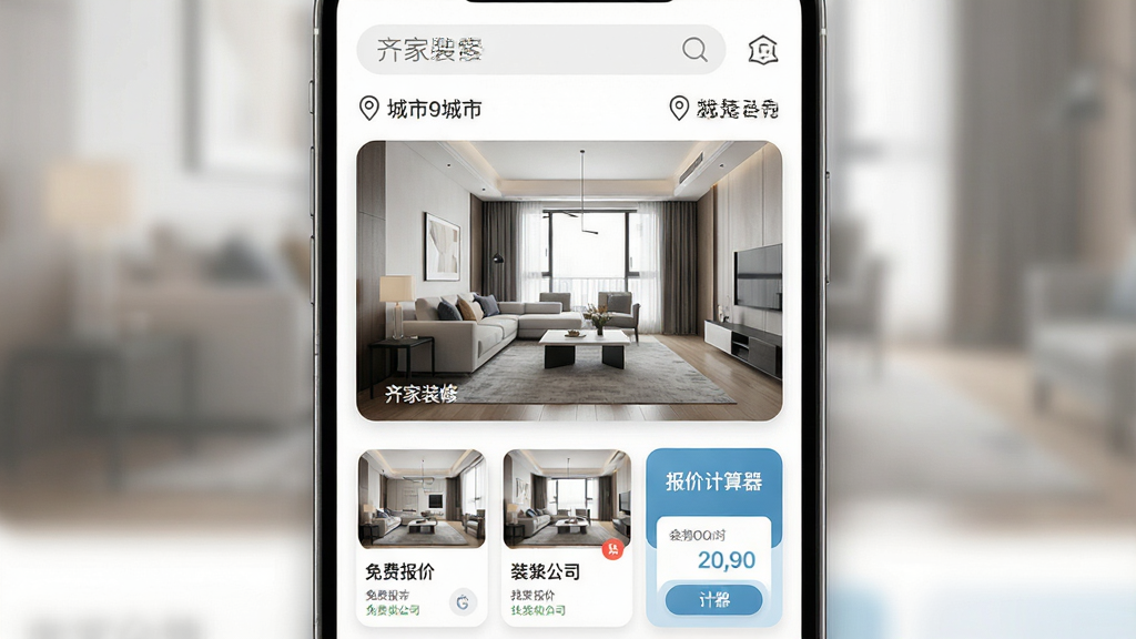 齐家装修App核心界面展示,主体为手机屏幕显示装修案例瀑布流,布局采用上下结构,顶部搜索栏和城市定位,中间大图展示现代简约客厅装修效果图,下方排列装修公司推荐卡片和报价计算器入口,排版清晰有序,风格现代扁平化,细节圆润图标配柔和阴影,画质干净无多余元素,屏幕内文字标注“齐家装修”“免费报价”“找装修公司”