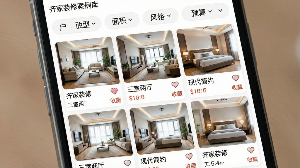 齐家装修案例库界面,主体为手机屏幕展示装修案例分类列表,布局采用网格排列,顶部筛选栏包含户型、面积、风格、预算标签,中间展示多张不同风格的客厅和卧室实拍图缩略图,排版整齐,风格清新明亮,细节处有收藏图标和价格标签,画质干净无多余元素,屏幕内文字标注“齐家装修”“三室两厅”“现代简约”“收藏”
