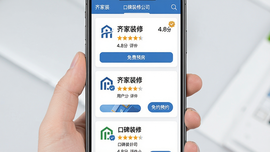 齐家装修装修公司列表界面,主体为手机屏幕展示装修公司卡片列表,布局采用纵向排列,每张卡片包含公司logo、名称、评分星级、用户评价数量和“免费预约”按钮,排版简洁明了,风格商务专业,细节处有认证标识和距离显示,画质干净无多余元素,屏幕内文字标注“齐家装修”“口碑装修公司”“4.8分”“预约量房”