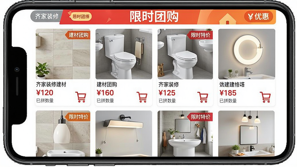 齐家装修建材商城界面,主体为手机屏幕展示家居建材商品列表,布局采用两列网格排列,商品图包含瓷砖、马桶、灯具等,每件商品下方标注价格和已拼数量,顶部有“限时团购”横幅,排版紧凑有序,风格电商化明快,细节处有购物车图标和优惠标签,画质干净无多余元素,屏幕内文字标注“齐家装修”“建材团购”“限时特价”