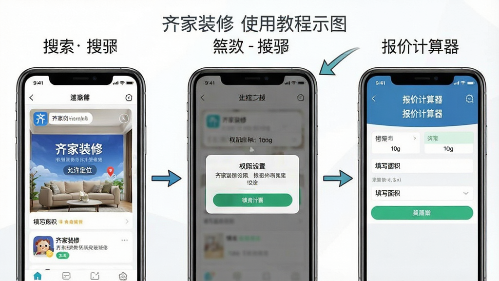 齐家装修使用教程示意图,主体为手机屏幕展示App操作步骤,布局采用分步截图排列,第一步展示应用商店搜索“齐家装修”的界面,第二步展示权限设置弹窗,第三步展示报价计算器填写页面,排版清晰直观,风格教程图解式,细节处有箭头引导和文字标注,画质干净无多余元素,屏幕内文字标注“齐家装修”“允许定位”“填写面积”