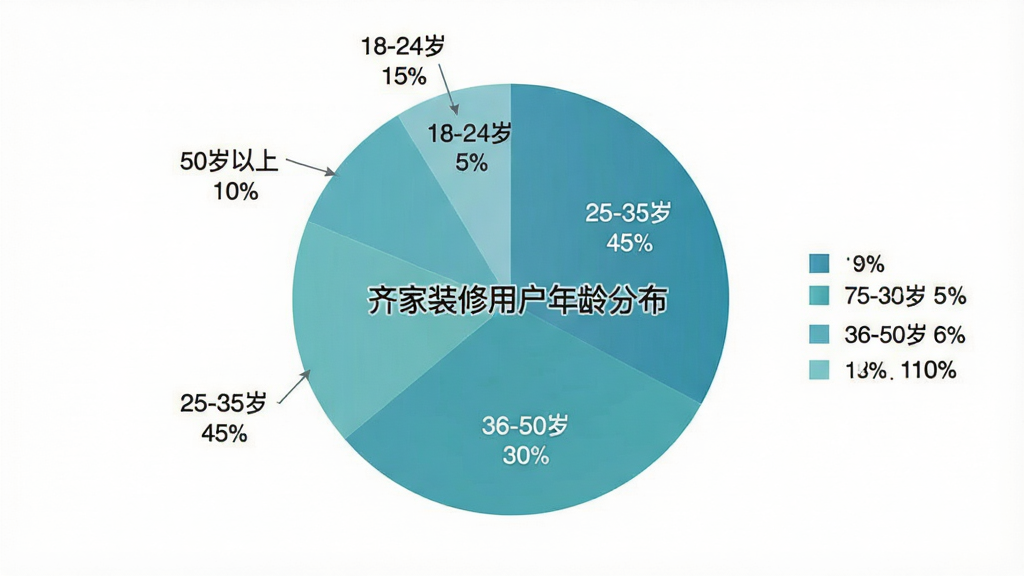 齐家装修用户年龄分布饼状图,主体为圆形饼图,布局居中,饼图分为四个扇形区域分别标注“25-35岁 45%”“36-50岁 30%”“18-24岁 15%”“50岁以上 10%”,配色采用蓝绿色系渐变区分,排版简洁清晰,风格数据可视化,细节处有图例说明和百分比标签,画质干净无多余元素,图片中央文字标注“齐家装修用户年龄分布”