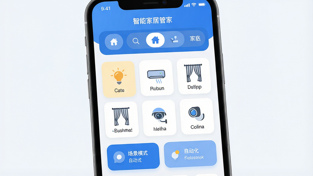 һ��չʾ���ܼҾӹܼ�APP���Ľ����ͼƬ��������һ���ִ������ֻ���Ļ����Ļ����ʾ�š����ܼҾӹܼҡ���APP�����棬���沼���������Ϸ��Ǽ�ͥ�����л������м����豸��Ƭ���񣬰����ƹ⡢�յ�������������ͷ��ͼ�꣬�·��ǳ���ģʽ���Զ�����ť�����������ִ�����������ɫΪ����ϸ��Բ�󣬻��ʸɾ��������޶���Ԫ�ء�