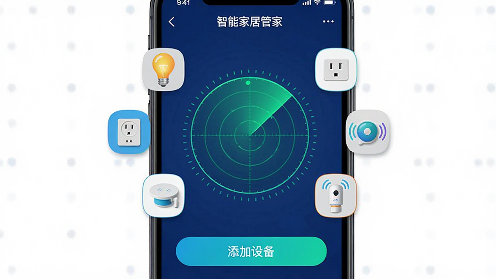 һ��չʾ���ܼҾӹܼ�APP�����豸�����ͼƬ��������һ���ֻ�����Ļ����ʾ�š����ܼҾӹܼҡ��������豸���棬����������һ���״�ɨ�趯������Χ���ֳ����ݡ����������������豸ͼ�꣬�ײ���һ����Ŀ�ġ������豸����ť��������Ƽ���ʮ�㣬������ɫΪ������ͼ��ɫ�����������ʸɾ����޶���Ԫ�ء�
