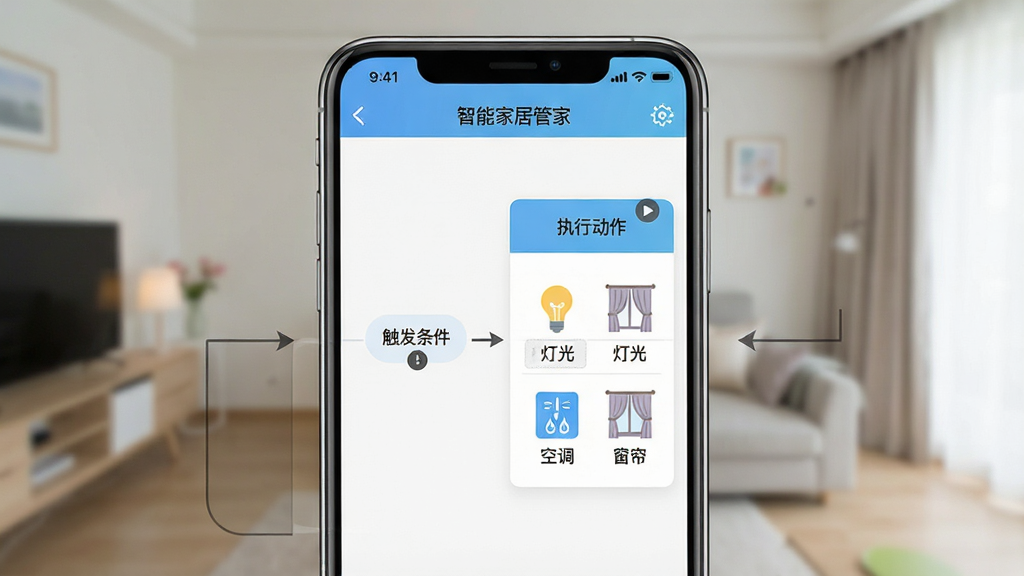 һ��չʾ���ܼҾӹܼ�APP�Զ����������ý����ͼƬ���������ֻ���Ļ����Ļ����ʾ�š����ܼҾӹܼҡ��ĳ����༭ҳ�棬ҳ������һ������ͼ���ӡ�����������ָ��ִ�ж�������ִ�ж���������ƹ⡢�յ���������ͼ�꣬�������ֱ�ۣ���קʽ������ǿ������ִ���ƽ�����ʸɾ����޶���Ԫ�ء�