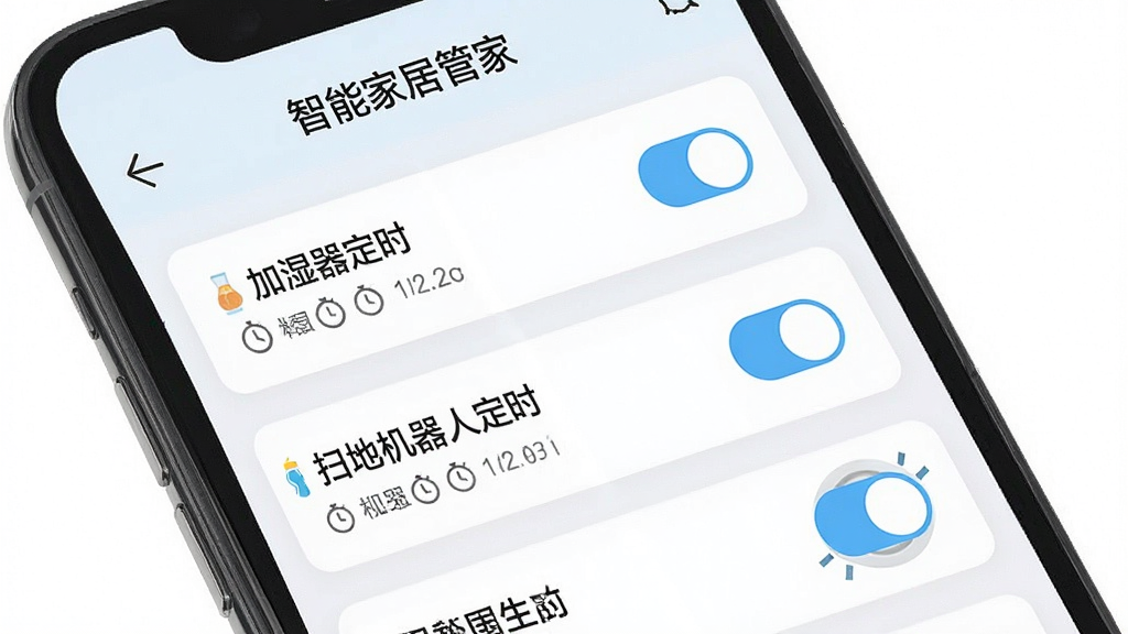 һ��չʾ���ܼҾӹܼ�APP��ʱ�������ý����ͼƬ���������ֻ���Ļ����Ļ����ʾ�š����ܼҾӹܼҡ��Ķ�ʱ�б����б��а�����������õĶ�ʱ�����硰��ʪ����ʱ������ɨ�ػ����˶�ʱ����ÿ�������Ա��п��ذ�ť��ʱ��ͼ�꣬�������࣬��ǳɫ����Ϊ�����������������ʸɾ����޶���Ԫ�ء�