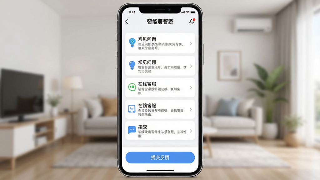 һ��չʾ���ܼҾӹܼ�APP�����뷴�������ͼƬ���������ֻ���Ļ����Ļ����ʾ�š����ܼҾӹܼҡ��ĳ��������б������߿ͷ���ڣ�������Ƽ�࣬�԰�ɫ����Ϊ�������������׶����ײ����ύ������ť�����ʸɾ����޶���Ԫ�ء�