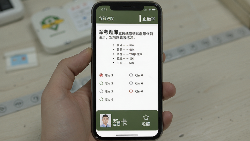 �������������ϰ���棬�ֻ���Ļ��ʾһ��������ѧѡ���⣬����������·����ĸ�ѡ��ײ��д��⿨���ղذ�ť�������԰�ɫ�;���ɫΪ����������ʾ��ǰ���Ⱥ���ȷ�ʣ������ɾ������������޶���Ԫ��