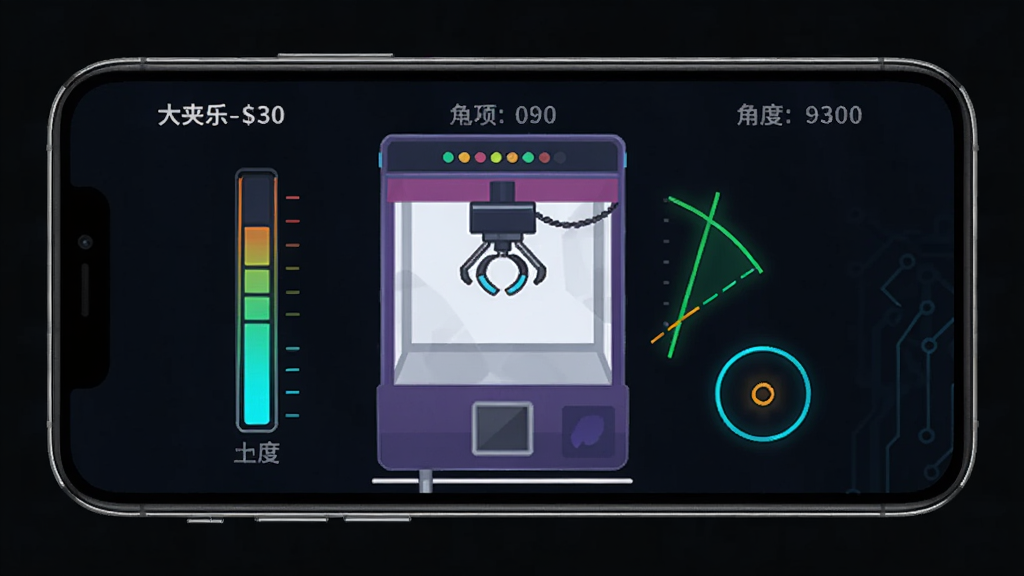 大夹乐功能界面展示,手机横屏显示,屏幕中有一个抓娃娃机的简化示意图,旁边有力度条、角度指示线和落点提示圈,界面以深色背景搭配亮色数据线条,科技感强但不过度花哨,文字标注清晰,画质干净,无多余元素
