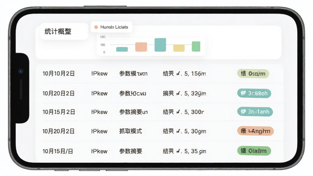 大夹乐使用记录页面展示,手机屏幕竖向显示,页面中有一个简洁的列表,每一行显示日期、抓取模式、参数摘要和结果标签,顶部有统计概览的小图表,界面风格扁平化,配色柔和,文字清晰,背景干净,无杂乱装饰元素