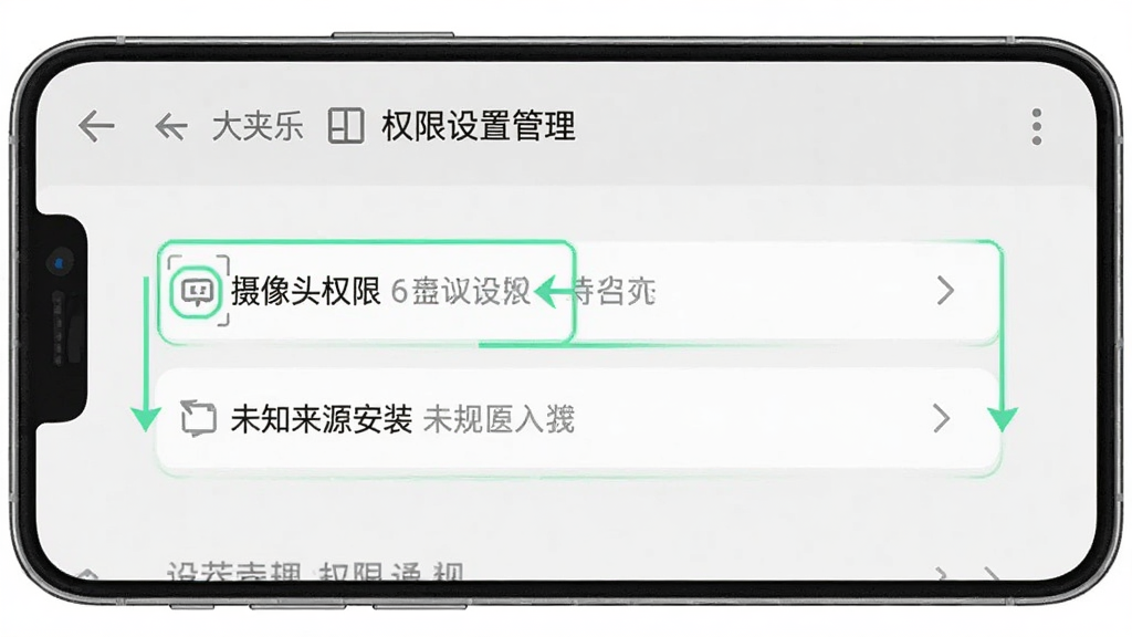 大夹乐安装设置界面示意图,手机屏幕显示权限管理页面,高亮标注摄像头权限和未知来源安装选项,界面风格简洁,配色以白灰为主,文字说明清晰,有箭头指引操作步骤,画质干净,无多余元素