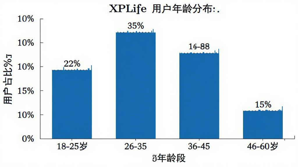 XPLife�û�����ֲ���״ͼ������Ϊ����Σ�18-25�ꡢ26-35�ꡢ36-45�ꡢ46-60�꣬����Ϊ�û�ռ�Ȱٷֱȡ���״ͼ��ʾ18-25��Լռ22%��26-35��Լռ35%��36-45��Լռ28%��46-60��Լռ15%��������������������ɫ�����ݱ�ǩ���������ʸɾ����޶���Ԫ�ء�