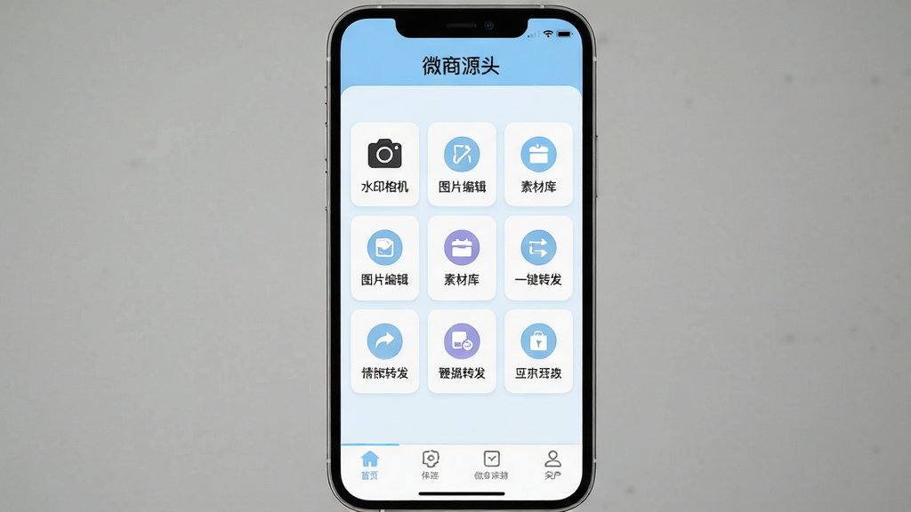 һ���ֻ�Ӧ�ý���չʾͼ������������΢��ԴͷApp�������棬������ʾ��������΢��Դͷ���м��ǾŹ�����ͼ�꣬����ˮӡ�����ͼƬ�༭���زĿ⡢һ��ת���ȣ��ײ��е�����������������ˬ���԰�ɫ�͵���ɫΪ��ɫ��������ɾ��޹�浯���������������޶���Ԫ��