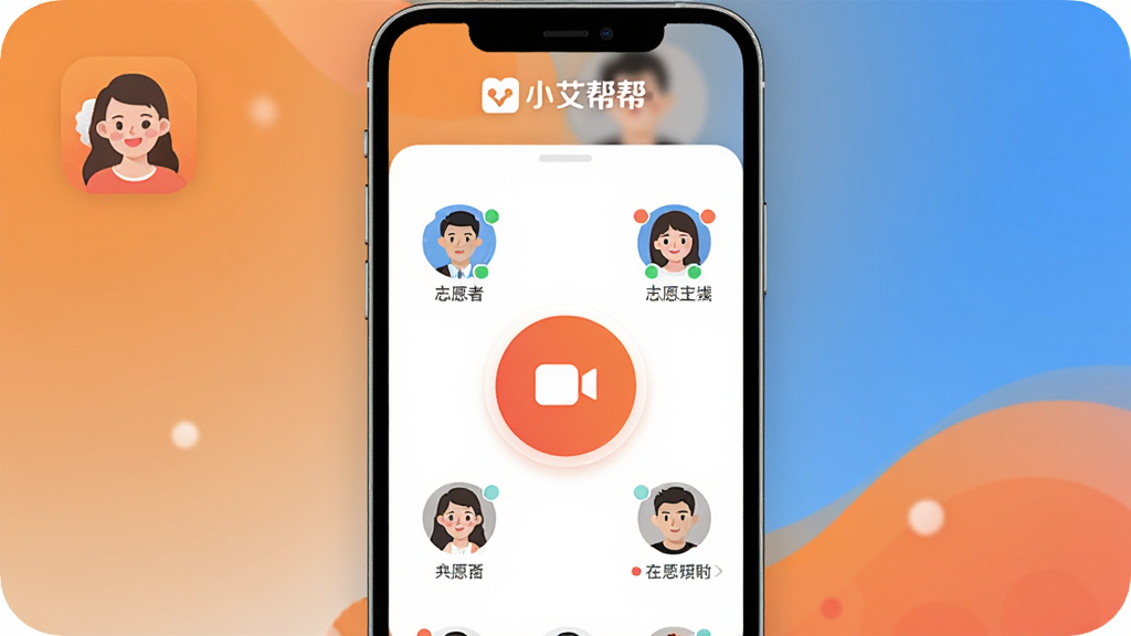 �ֻ���Ļ������ʾ��С����App��ͼ��������棬����������һ����Ŀ����Ƶͨ����ť����Χ������־Ը��ͷ�������״̬��ʶ����������ů�ĳ���ɫ���䣬�����С�С�������ֱ�ʶ�����������Ѻã���ƽ����ƣ�ϸ�����������ʸɾ��޶���Ԫ��