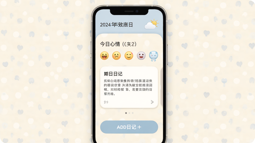 һ��չʾ�����ռǱ��������Ľ����ͼƬ�������������ֻ���Ļ����Ļ����ʾ�����ռǱ�����ҳ�棬�Ϸ������ں�����ͼ�꣬�м��ǽ�������ѡ��ı�����ź�һƪ�ռǿ�Ƭ���·��������ռǵİ�ť������ɫ�������ů�����װ�ɫ�͵���ɫΪ��������Լ���£�ϸ��Բ�󣬻��ʸɾ��������޶���Ԫ��