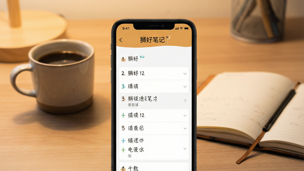һ��չʾʨ�ӱʼ��ֻ�App�������ͼƬ������������һ�������ֻ�����Ļ��ʾ���ıʼ��б����棬������ʨ�ӱʼ����ֱ�ʶ����������͵�ůɫ�������������Ա߷���һ�����Ⱥ�һ��������ֽ�ʱʼǱ������������Ȼ��ϸ�����������ʸɾ��޶���Ԫ��