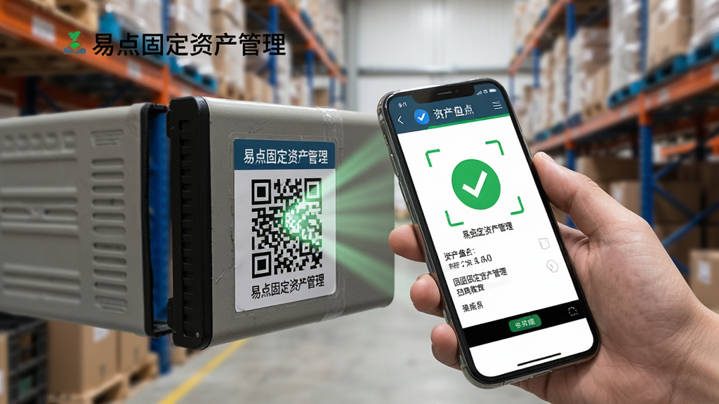 一张展示易点固定资产管理扫码盘点功能的特写图,画面中一只手拿着手机正在扫描贴在设备上的二维码标签,手机屏幕显示扫描成功的绿色对勾和资产详情,背景是模糊的仓库货架,风格写实,细节丰富,画质清晰,画面中带有易点固定资产管理的文字标识
