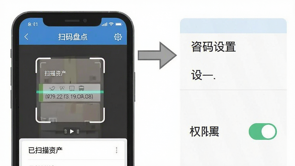 一张展示易点固定资产管理移动端操作界面的示意图,画面中手机屏幕显示扫码盘点界面,有扫描框和已扫描资产列表,旁边有箭头指向设置菜单和权限开关,风格扁平化,布局清晰,文字标签明确,画质干净无多余元素
