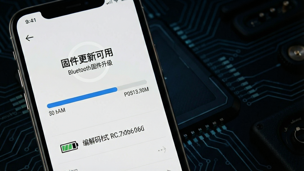 一张展示Marshall Bluetooth固件升级界面的图片,手机屏幕显示“固件更新可用”的提示和进度条,下方有音箱电量图标和编解码格式信息,背景是深色科技风格,画质干净利落