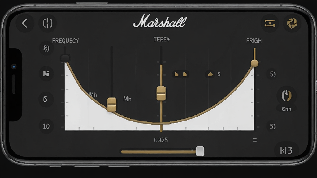 一张展示Marshall Bluetooth均衡器调节界面的图片,手机屏幕显示着频段滑块,低频、中频、高频的曲线被调成了一个微笑的形状,界面是深灰色背景搭配白色和金色元素,风格专业简洁,画质清晰