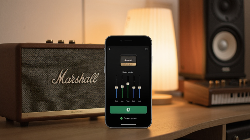 一张展示Marshall Bluetooth应用核心全貌的图片,画面中央是一部智能手机,屏幕上显示着Marshall Bluetooth应用的深色界面,界面中有音箱图标、均衡器滑块和连接状态按钮,手机旁边摆放着一台经典的Marshall复古音箱,背景是温馨的居家音乐角落,暖色调灯光,整体风格简洁现代,画质清晰干净,无多余元素