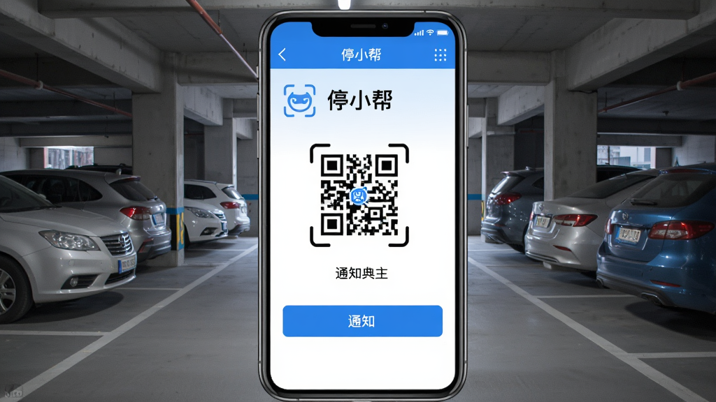 一张手机应用界面截图,画面中央展示“停小帮”APP的扫码挪车功能界面,背景是城市停车场场景,界面设计简洁,有显眼的扫码按钮和通知车主选项,风格现代扁平,色彩以蓝白为主,画质干净清晰,无多余元素