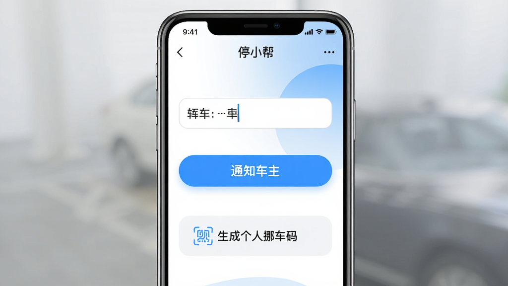 一张手机界面截图,展示“停小帮”APP的一键呼叫功能页面,界面中间有输入车牌号的输入框和醒目的“通知车主”按钮,下方有生成个人挪车码的入口,背景是简洁的白色和蓝色渐变,风格现代,画质干净,无多余元素