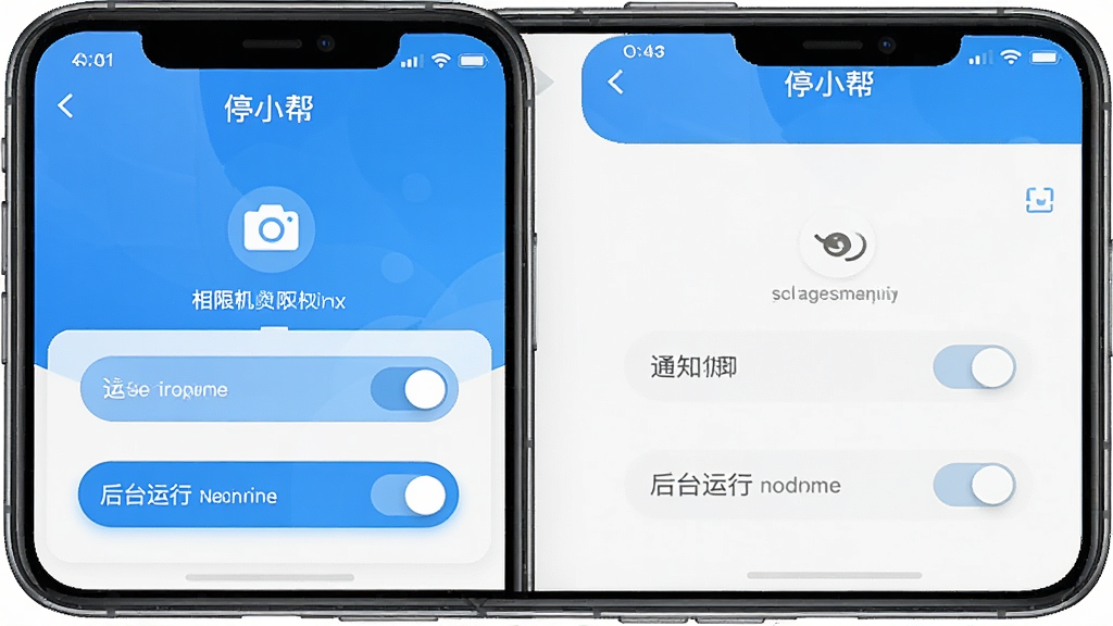һ���ֻ������ͼ��չʾ��ͣС�APP��Ȩ����������ҳ�棬�����������Ȩ�ޡ�֪ͨȨ�ޡ���̨����Ȩ�޵Ŀ��ذ�ť��������Ƽ�࣬����ɫ�Ͱ�ɫΪ��������������ˣ����ʸɾ����޶���Ԫ��
