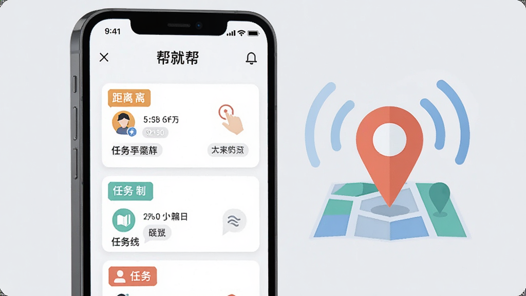 一张展示“帮就帮”附近需求推荐功能的图片,画面主体是一部手机,屏幕显示附近需求列表,每个卡片上有距离标签和任务类型图标,手机旁边有地图定位标记和信号波纹的抽象图形,背景是浅灰色,风格现代扁平,细节清晰,画质干净,无多余元素