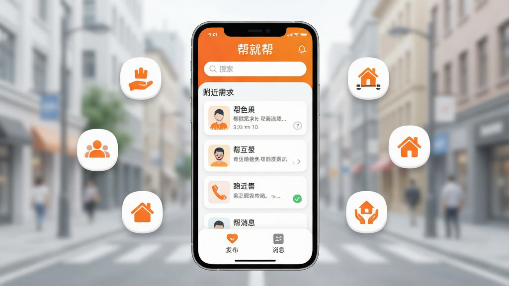 一张展示“帮就帮”软件核心全貌的图片,画面中央是一部现代智能手机,手机屏幕亮起显示“帮就帮”应用主界面,界面以橙色和白色为主色调,顶部有搜索栏,中间是附近需求列表卡片,底部有发布和消息图标,手机周围漂浮着代表互助、跑腿、社区服务的简约小图标,背景是干净的城市街景虚化,风格简洁明快,细节圆润,画质清晰干净,无多余元素