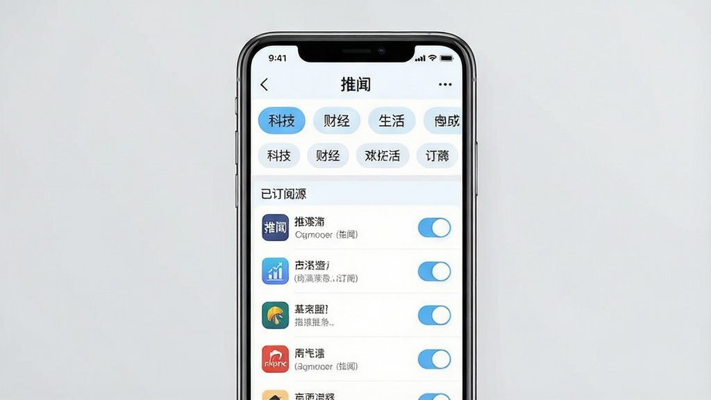 һ��չʾ�����š�App��Ѷ�ۺϹ��ܵ��ֻ�����ͼ������������һ�������ֻ�����Ļ��ʾ�����š�App�Ķ��Ĺ���ҳ�棬ҳ���ϰ벿�������Ŷ����Ѷ�����ǩ���硰�Ƽ������ƾ���������ȣ��°벿�����Ѷ���Դ�б���ÿ��Դ�Ҳ��п��ذ�ť�������԰�ɫ��ǳ��ɫΪ��ɫ���������������Ű����룬����Լ�ִ���ϸ�ھ��£����ʸɾ����޶���Ԫ�ء�