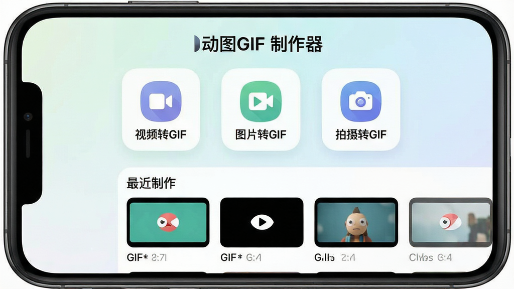 һ���ֻ���Ļչʾ���棬��Ļ�����ǡ���ͼGIF��������App�������棬����Ϊǳɫ���䣬�����Ϸ���ʾ����ƵתGIF����ͼƬתGIF��������תGIF��������ťͼ�꣬�·������������GIF����ͼ�б������岼�ּ�࣬ͼ���ƽԲ�󣬷�������ִ������ʸɾ����޶���Ԫ��
