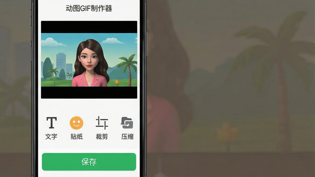 һ���ֻ�����չʾ����ͼGIF���������ı༭ҳ�棬��Ļ�Ϸ���GIFԤ�����棬�·������š����֡�����ֽ�����ü�����ѹ�����ĸ�����ͼ�꣬ÿ��ͼ���·������ı�ǩ������ײ���һ����ɫ�ġ����桱��ť�������������죬ͼ�����ͳһ�����ʸɾ��޶���Ԫ��