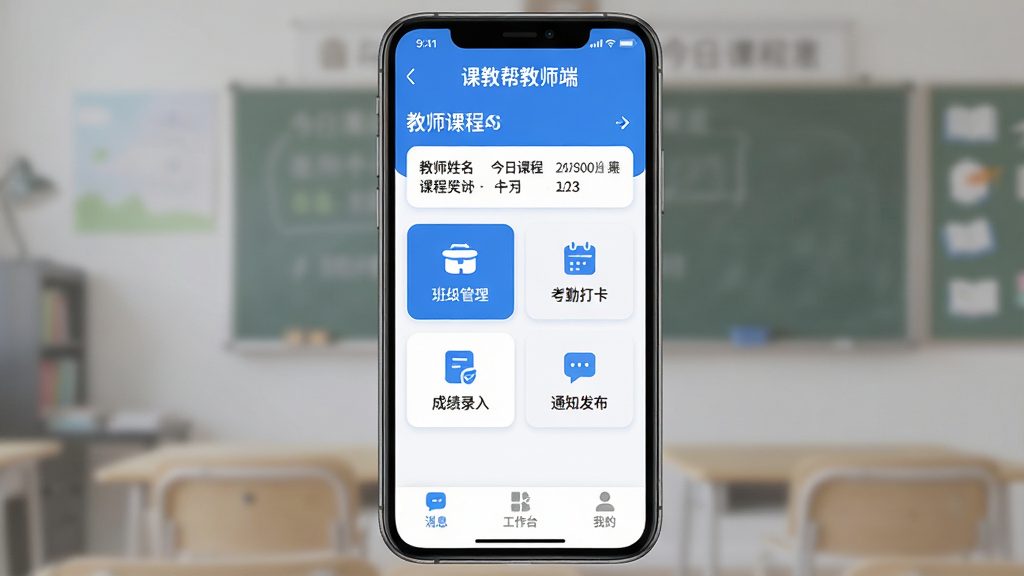 �ν̰��ʦ��App������չʾ���ֻ���Ļ������ʾ�������ơ��ν̰��ʦ�ˡ�������������Ϊ��ɫ����������ʾ��ʦ�����ͽ��տγ̰��ţ��м��ǰ༶���������ڴ򿨡��ɼ�¼�롢֪ͨ�����ĸ����ܿ�Ƭ���ײ�Ϊ��Ϣ������̨���ҵ�����ѡ������岼������������ִ���ƽ��ϸ��Բ�󣬻��ʸɾ��޶���Ԫ��