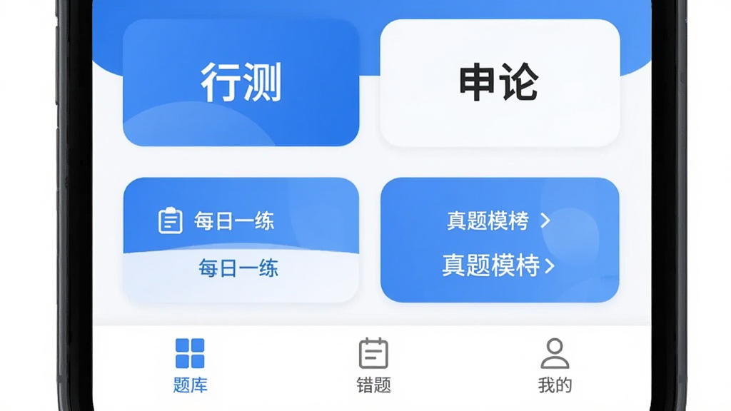 公务员考试华云题库 手机应用主界面截图,顶部显示行测和申论两个大模块,中间是每日一练卡片和真题模考入口,底部为题库、错题、我的三个选项卡,界面以蓝色和白色为主色调,布局简洁清晰,风格现代扁平,细节圆润,画质干净无多余元素
