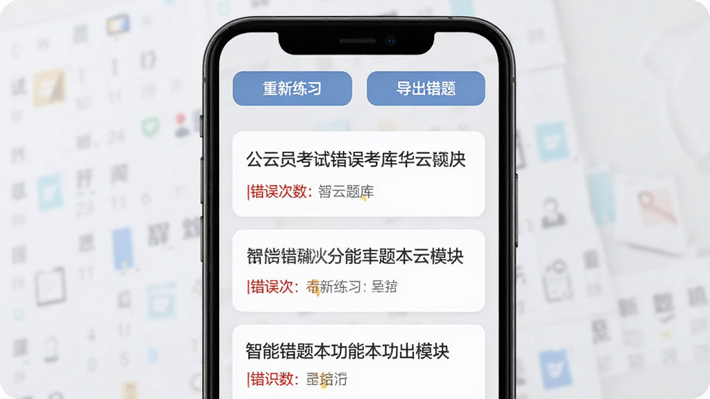 公务员考试华云题库 智能错题本功能展示,手机屏幕显示错题列表,每道题标注错误次数和所属模块,顶部有“重新练习”和“导出错题”按钮,背景为浅灰色,卡片式设计,文字清晰,风格简约,画质干净无多余元素