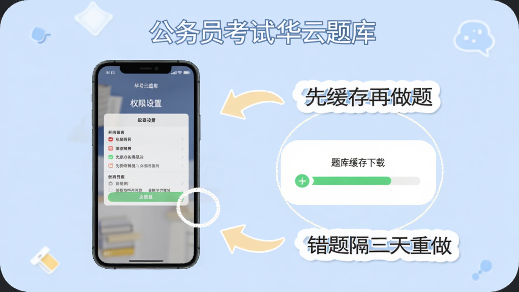 公务员考试华云题库 新手使用教程示意图,手机屏幕显示权限设置页面和题库缓存下载进度条,旁边有箭头标注“先缓存再做题”和“错题隔三天重做”的文字提示,背景为浅蓝色,风格清新,画质干净无多余元素