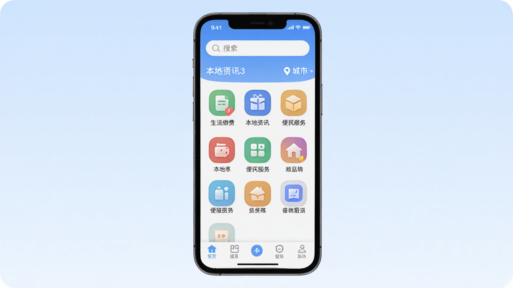 μ����Ӧ��������ȫòչʾ�������������ֻ���Ļ����Ļ����ʾμ����App��ҳ���������������ͳ��ж�λ��ʶ���м��ǹ���ͼ�����񣬰�������ɷѡ�������Ѷ������������ڣ��ײ�Ϊ������������Ϊ����ɫ���䣬����������ˬ����ƽ����ƣ�ͼ��Բ���������������ʸɾ��޶���Ԫ��