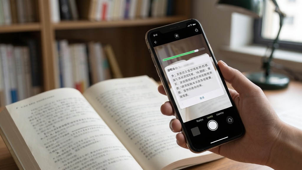 ʰ��APP�����̳�ʾ��ͼ������չʾһֻ�������ֻ������鱾���գ��ֻ���Ļ����ʾʶ���еĽ���������ȡ��������Ԥ�����������鷿������Ϊ�Խ��߹�ͼ���Ű���Ȼ�����дʵ��ϸ�ڷḻ�����ʸɾ��޶���Ԫ��