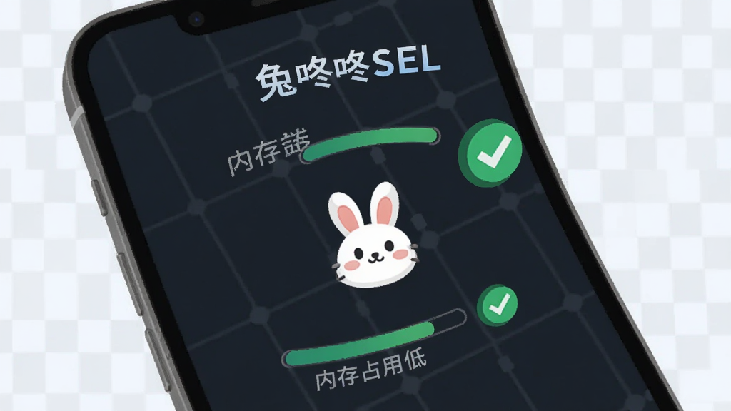 兔咚咚SEL 轻量运行概念图,一部手机屏幕中央显示一个小巧的兔子图标,周围环绕着内存占用低的进度条和绿色对勾,背景是简洁的科技网格,风格扁平化,画质干净,文字标注“兔咚咚SEL”