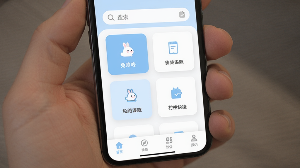 兔咚咚SEL 软件主界面截图,展示简洁的卡片式布局,顶部有搜索栏,中间是功能快捷入口图标,底部导航栏清晰,整体色调以柔和的浅蓝色和白色为主,界面干净无广告,手机屏幕展示,画质清晰,无多余元素