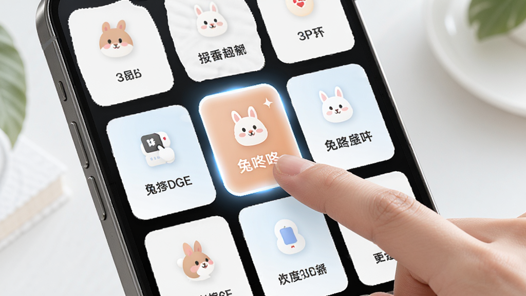 兔咚咚SEL 功能展示图,手机界面中显示多个功能卡片整齐排列,每个卡片上有图标和简短文字说明,用户手指正在点击其中一个卡片,画面明亮,风格现代,突出操作直观的特点