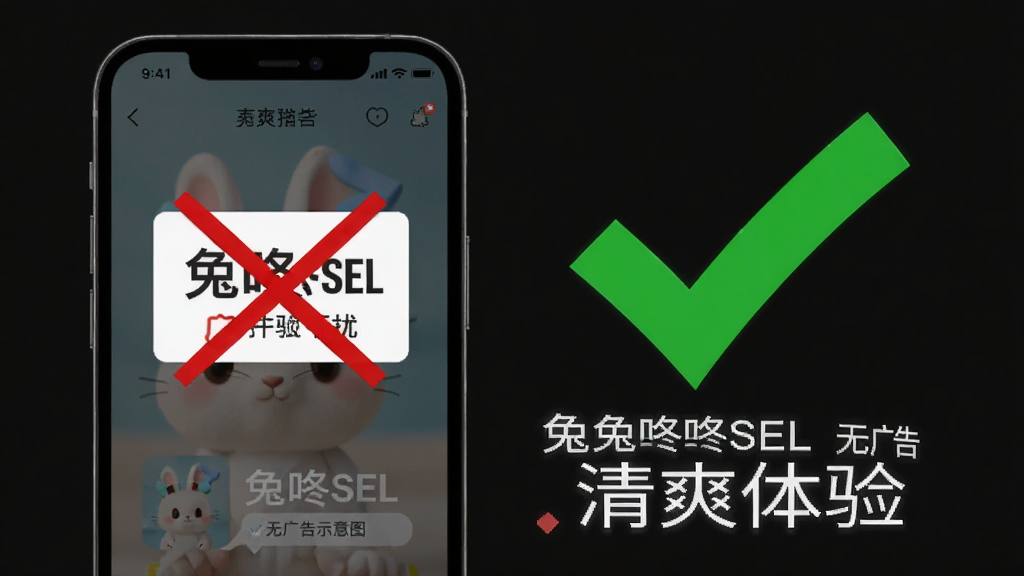 兔咚咚SEL 无广告体验示意图,手机屏幕显示软件界面,旁边有一个被划掉的广告弹窗图标,整体画面清爽,用绿色对勾表示无广告干扰,风格简洁,文字“兔咚咚SEL 清爽体验”