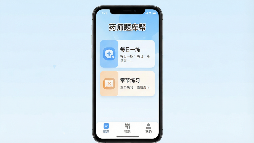 һ���ֻ���Ļչʾҩʦ����App�����棬������ʾ��ҩʦ������ֱ�ʶ���м���ÿ��һ�����½���ϰ�Ŀ�Ƭʽ��ڣ��ײ�Ϊ��⡢���⡢�ҵ�����ѡ�������Ϊ�ɾ��ĵ���ɫ���䣬�������ִ���ƽ��ͼ��Բ�󣬻��������ɾ��޶���Ԫ��