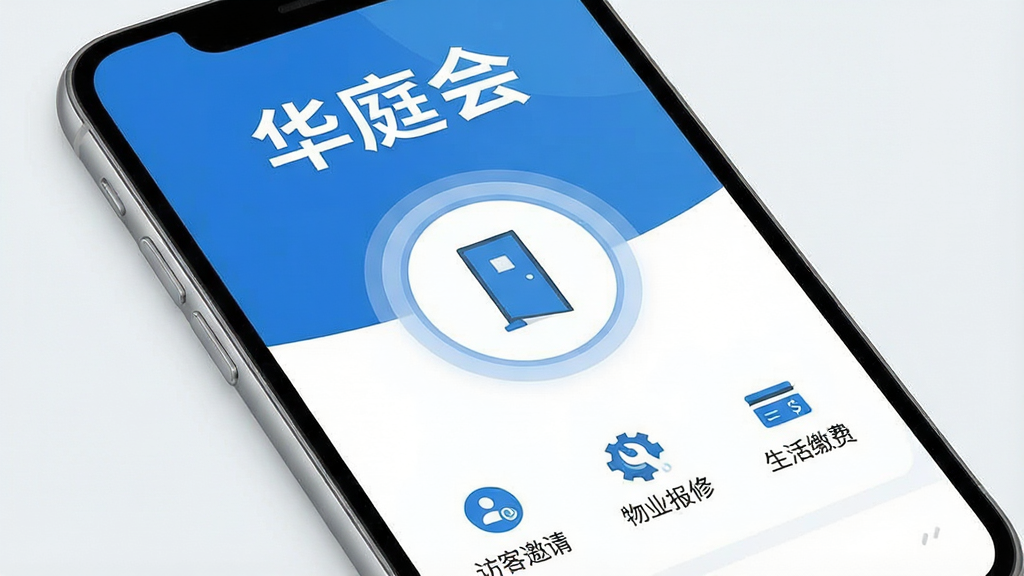 一张展示华庭会App核心功能的手机界面截图,画面主体是一部现代智能手机,手机屏幕里显示着华庭会App的主页,页面顶部写着“华庭会”三个大字,中间是一个醒目的大圆形开门按钮,底部有“访客邀请”、“物业报修”、“生活缴费”三个功能图标,整体布局简洁清晰,风格现代扁平化,色调以科技蓝和白色为主,细节圆润精致,画质干净清晰,无多余元素