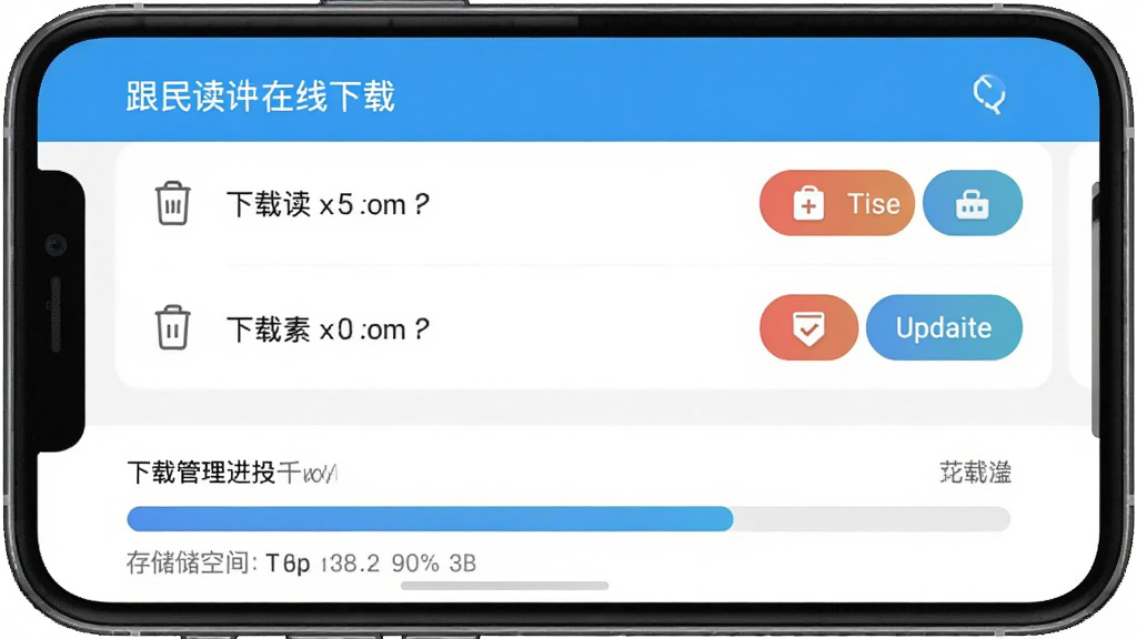 һ�Ÿ��Ҷ�Ӣ��App���������ؽ��棬�������ֻ���Ļ�������Ϸ����������ز��б���ÿ����ɾ���͸��°�ť���·������ع������������Ű��࣬���ʵ�ã�ϸ���д洢�ռ���ʾ�����ʸɾ����޶���Ԫ��