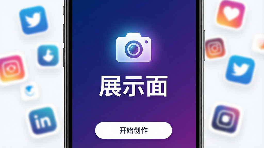 һ���ֻ���Ļ��д����Ļ������ʾ�š�չʾ�桱APP���������棬���汳��������ɫ����ɫ�Ľ��䣬�м���һ����������ͼ��͡�չʾ�桱������ɫ���֣������·��С���ʼ��������ť���ֻ���Χ���黯���罻ͼ��Ư�����������ִ���࣬���ʸɾ��޶���Ԫ��